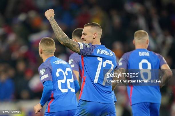 Lukas Haraslin of Slovakia celebrates after scoring the team's third goal during the UEFA EURO 2024 European qualifier match between Slovakia and...