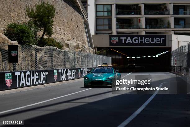 Aston Martin official FIA Safety Car on track during the F1 Grand Prix of Monaco at Circuit de Monaco on May 28, 2023 in Monte-Carlo, Monaco.