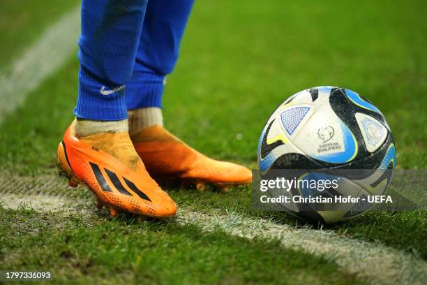 Detailed view of adidas boots during the UEFA EURO 2024 European qualifier match between Slovakia and Iceland at Narodny futbalovy stadion on...