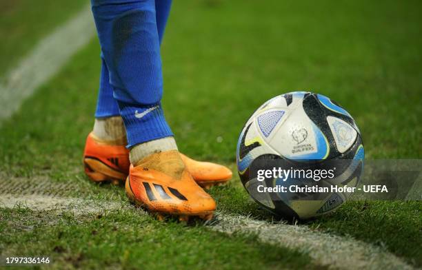 Detailed view of adidas boots during the UEFA EURO 2024 European qualifier match between Slovakia and Iceland at Narodny futbalovy stadion on...