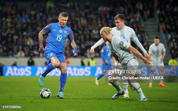 Juraj Kucka of Slovakia on the ball during the UEFA EURO 2024 European qualifier match between Slovakia and Iceland at Narodny futbalovy stadion on...