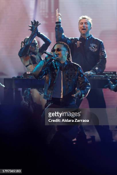 Ozuna and David Guetta perform onstage during the 23rd Annual Latin GRAMMY Awards at FIBES Conference and Exhibition Centre on November 16, 2023 in...