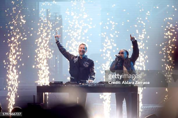 David Guetta and Ozuna perform onstage during the 23rd Annual Latin GRAMMY Awards at FIBES Conference and Exhibition Centre on November 16, 2023 in...