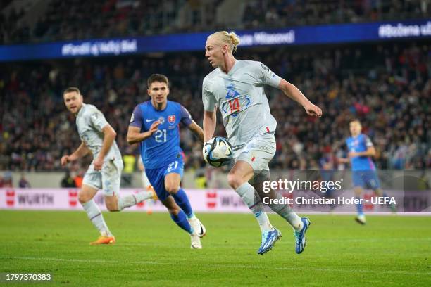 Kolbeinn Finnsson of Iceland on the ball during the UEFA EURO 2024 European qualifier match between Slovakia and Iceland at Narodny futbalovy stadion...