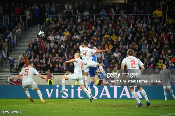Victor Palsson of Iceland heads the ball away during the UEFA EURO 2024 European qualifier match between Slovakia and Iceland at Narodny futbalovy...