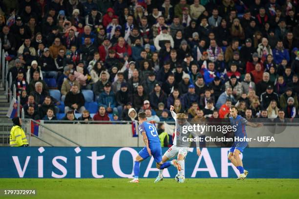 Andri Gudjohnsen of Iceland on the ball during the UEFA EURO 2024 European qualifier match between Slovakia and Iceland at Narodny futbalovy stadion...