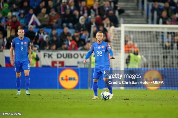 Stanislav Lobotka of Slovakia on the ball during the UEFA EURO 2024 European qualifier match between Slovakia and Iceland at Narodny futbalovy...