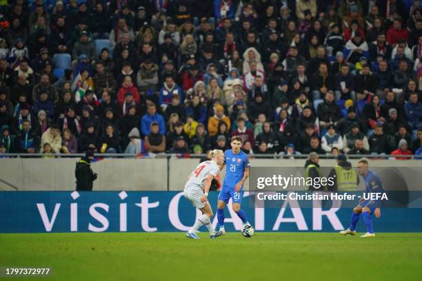 Kolbeinn Finnsson of Iceland on the ball during the UEFA EURO 2024 European qualifier match between Slovakia and Iceland at Narodny futbalovy stadion...