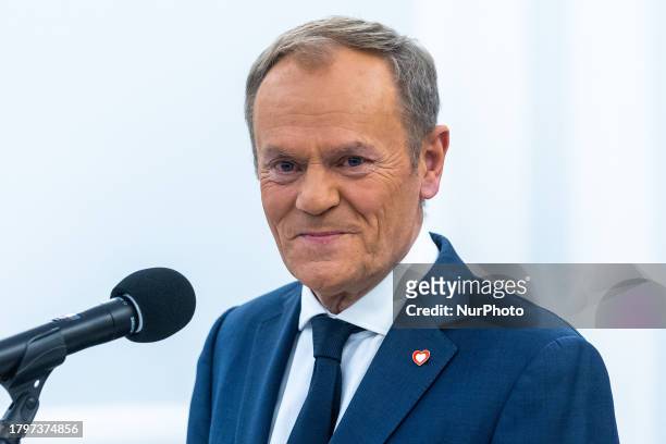 Donald Tusk, the leader of the Civic Coalition, is speaking during a press conference in Warsaw, Poland, on November 21, 2023.