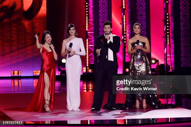 Co-hosts Danna Paola, Paz Vega, Sebastián Yatra, and Roselyn Sánchez speak onstage during The 24th Annual Latin Grammy Awards on November 16, 2023 in...