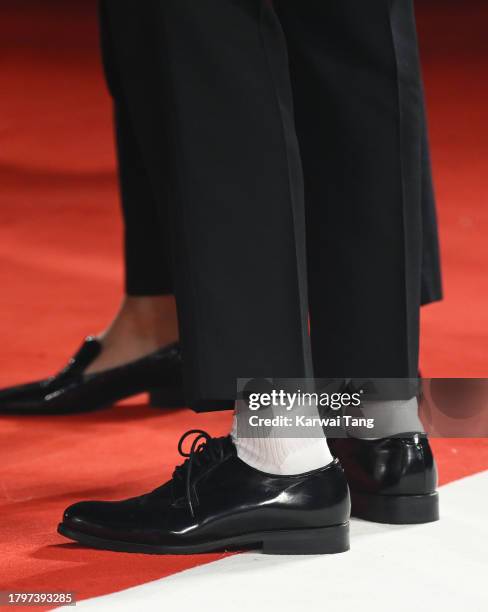Joaquin Phoenix, shoe detail, attends the "Napoleon" UK Premiere at Odeon Luxe Leicester Square on November 16, 2023 in London, England.