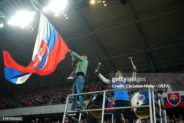 Slovakia fans show their support following the UEFA EURO 2024 European qualifier match between Slovakia and Iceland at Narodny futbalovy stadion on...