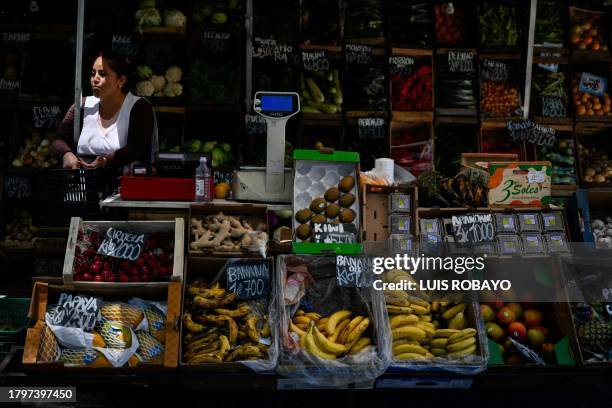 Woman stands in a vegetable street stall in Buenos Aires on November 22, 2023.