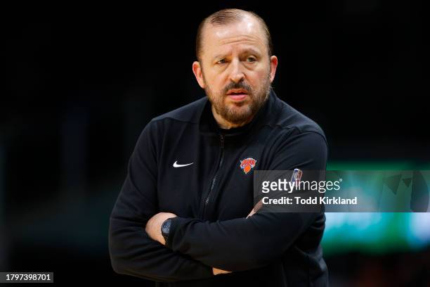 Head coach Tom Thibodeau of the New York Knicks reacts during the first half against the Atlanta Hawks at State Farm Arena on November 15, 2023 in...