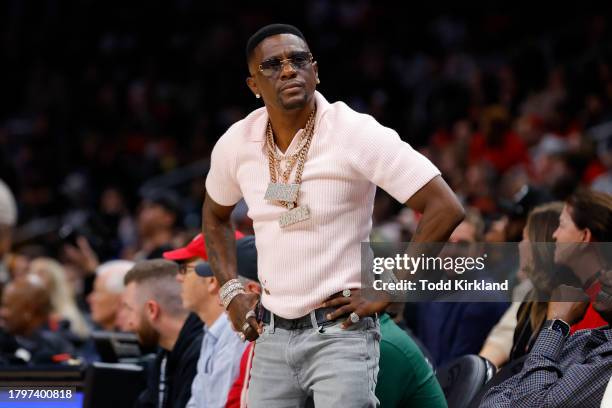 Rapper, Boosie reacts while court side during the New York Knicks game against the Atlanta Hawks at State Farm Arena on November 15, 2023 in Atlanta,...