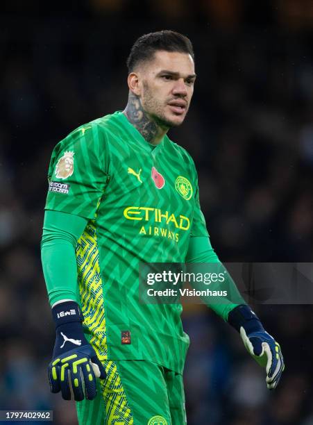 Manchester City goalkeeper Ederson during the Premier League match between Manchester City and AFC Bournemouth at Etihad Stadium on November 4, 2023...