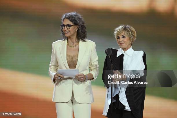 Simone and Ana Torroja speak onstage during the Premiere Ceremony for The 24th Annual Latin Grammy Awards on November 16, 2023 in Seville, Spain.