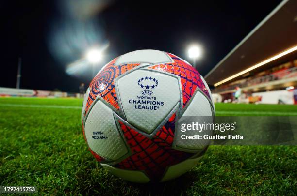 View of the match ball before the start of the Group A - UEFA Women's Champions League 2023/24 match between SL Benfica and FC Rosengard at Benfica...