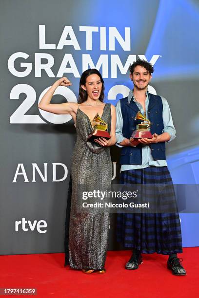 Catalina García and Santiago Prieto pose with their award for Best alternative music album in the media center for The 24th Annual Latin Grammy...