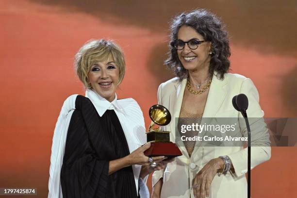 Ana Torroja and Simone speak onstage during the Premiere Ceremony for The 24th Annual Latin Grammy Awards on November 16, 2023 in Seville, Spain.