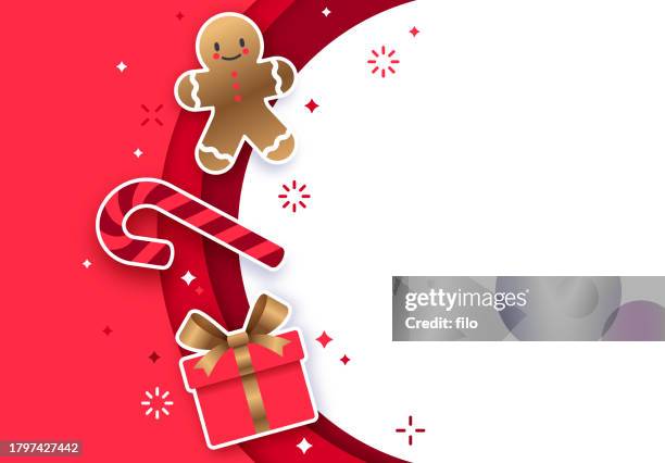 feiertag weihnachten festliche zuckerstange lebkuchenmann geschenk feier kurve hintergrund - weihnachtsmarkt stock-grafiken, -clipart, -cartoons und -symbole