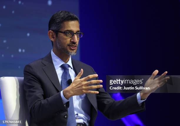 Google CEO Sundar Pichai speaks in conversation with Emily Chang during the APEC CEO Summit at Moscone West on November 16, 2023 in San Francisco,...