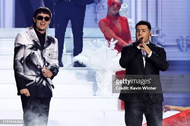 Peso Pluma and Pedro Tovar of Eslabon Armado perform onstage during The 24th Annual Latin Grammy Awards on November 16, 2023 in Seville, Spain.