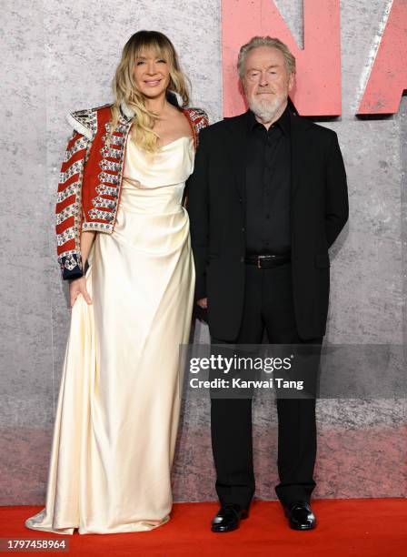 Giannina Facio and Ridley Scott attend the "Napoleon" UK Premiere at Odeon Luxe Leicester Square on November 16, 2023 in London, England.