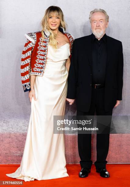 Giannina Facio and Ridley Scott attend the "Napoleon" UK Premiere at Odeon Luxe Leicester Square on November 16, 2023 in London, England.