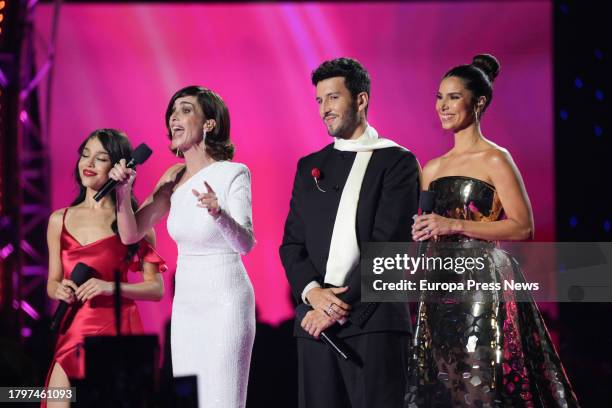 Presenters Danna Paola, Paz Vega, Sebastian Yatra and Roselyn Sanchez during the 2023 Latin Grammy Awards gala at the Palacio de Congresos de Sevilla...