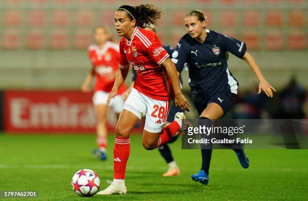 Andrea Falcon of SL Benfica with Ria Oling of FC Rosengard in action during the Group A - UEFA Women's Champions League 2023/24 match between SL...
