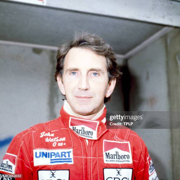 Portrait of British Formula One driver John Watson during a mid-season testing day at Brands Hatch motor racing circuit, Kent, England, June 24, 1982.