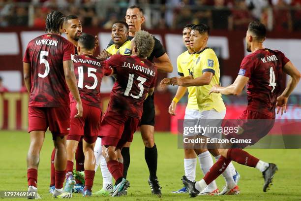Jose Martinez of Venezuela argues with players of Ecuador during a FIFA World Cup 2026 Qualifier match between Venezuela and Ecuador at Estadio...