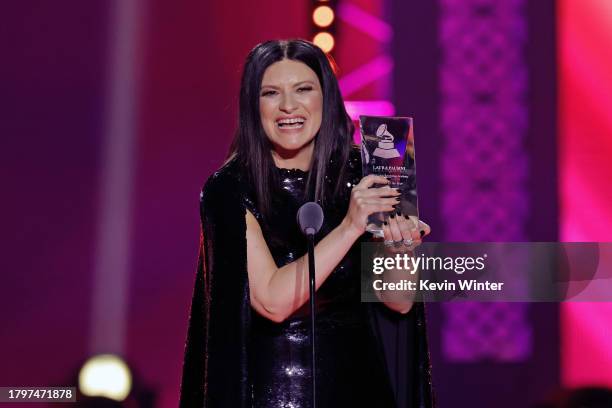 Laura Pausini speaks onstage with the Latin Recording Academy Person of the Year award during The 24th Annual Latin Grammy Awards on November 16,...