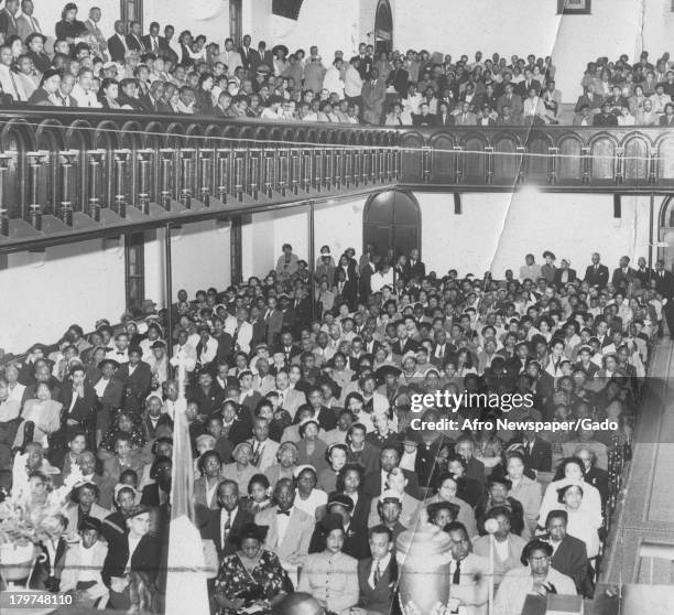 African American community gathers for the Emmett Till protest at Sharp St Church, 1955.