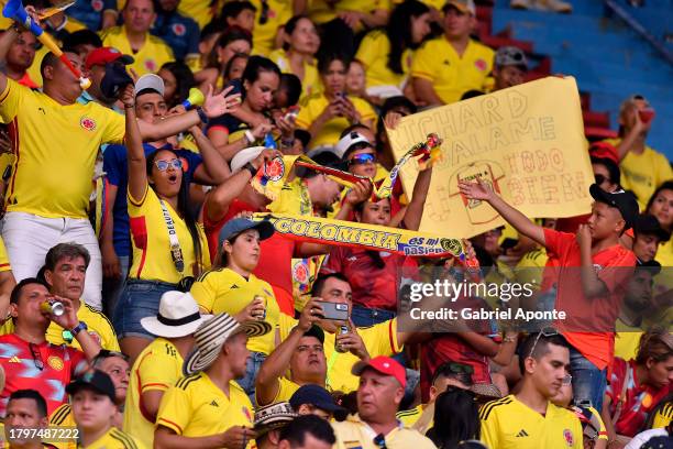 Fans of Colombia cheer prior the FIFA World Cup 2026 Qualifier match between Colombia and Brazil at Estadio Metropolitano Roberto Meléndez on...