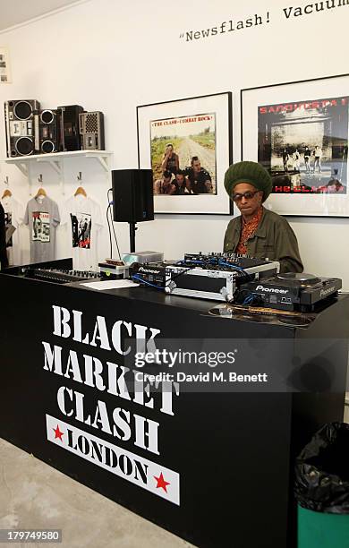 Don Letts DJ's at the launch of 'Black Market Clash', an exhibition of personal memorabilia and items curated by original members of The Clash, at 75...