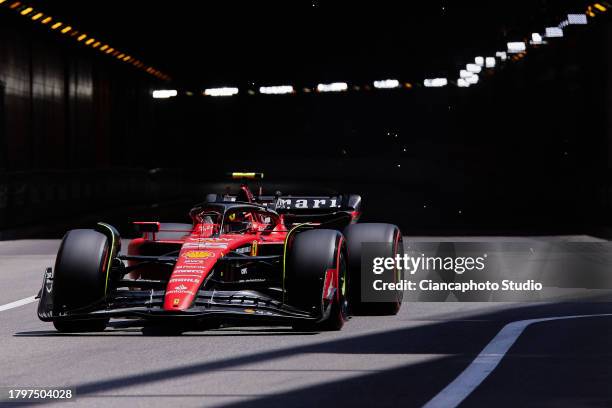 Carlos Sainz of Spain and Scuderia Ferrari drives on track during qualifying ahead of the F1 Grand Prix of Monaco at Circuit de Monaco on May 27,...