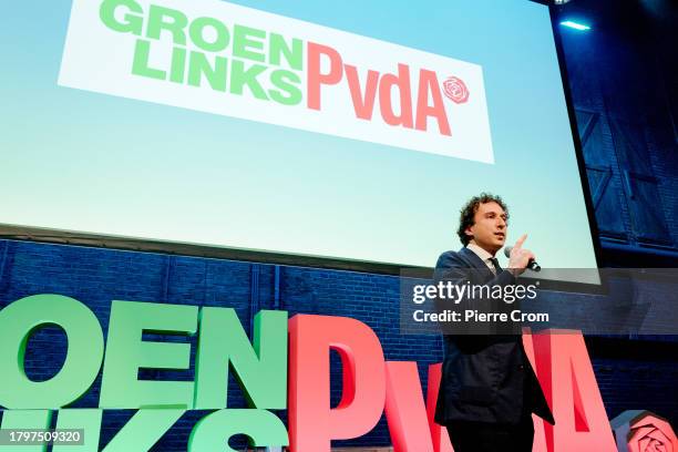 Groen Links leader Jesse Klaver speaks to supporters of the left progressive coalition Green Links PvdA on November 22, 2023 in Amsterdam,...