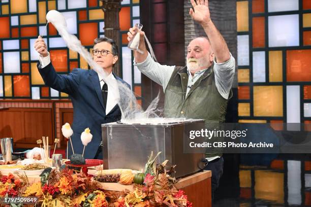 The Late Show with Stephen Colbert and guest Chef José Andrés during Tuesday's November 21, 2023 show.