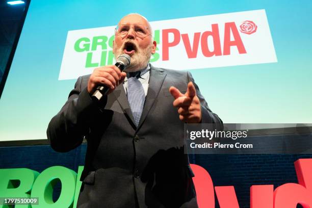 Leader of the left progressive coalition Groen Links PvdA, Frans Timmermans gives a speech on November 22, 2023 in Amsterdam, Netherlands. Voters in...