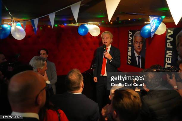 Geert Wilders , Dutch right-wing politician and leader of the Party for Freedom , reacts to the exit poll and early results that strongly indicate a...