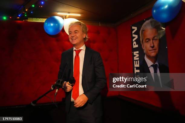 Geert Wilders, Dutch right-wing politician and leader of the Party for Freedom , reacts to the exit poll and early results that strongly indicate a...