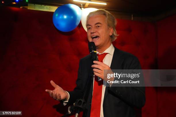 Geert Wilders, Dutch right-wing politician and leader of the Party for Freedom , reacts to the exit poll and early results that strongly indicate a...