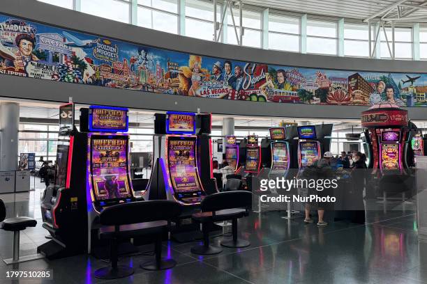 Gambling machines are seen at McCarran International Airport in Las Vegas, United States on November 15, 2023.