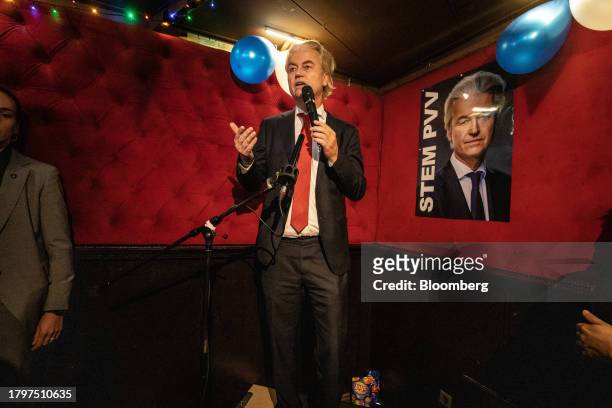Geert Wilders, leader of the Dutch Freedom Party , speaks at an election night party in The Hague, Netherlands, on Wednesday, Nov. 22, 2023....