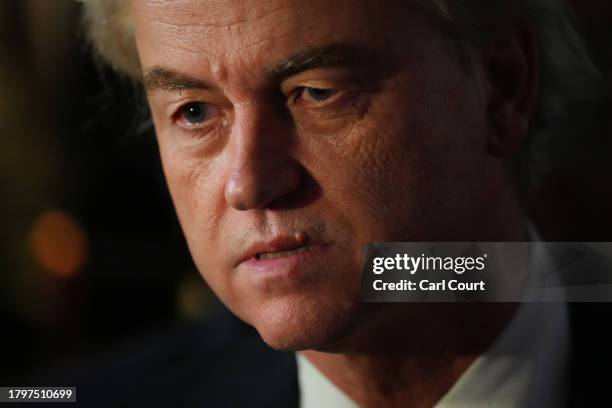 Geert Wilders , Dutch right-wing politician and leader of the Party for Freedom , speaks to the media as he reacts to the exit poll and early results...