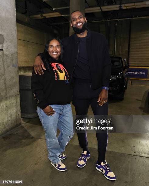 Gloria James and LeBron James of the Los Angeles Lakers smile after the game against the Houston Rockets on November 19, 2023 at Crypto.Com Arena in...