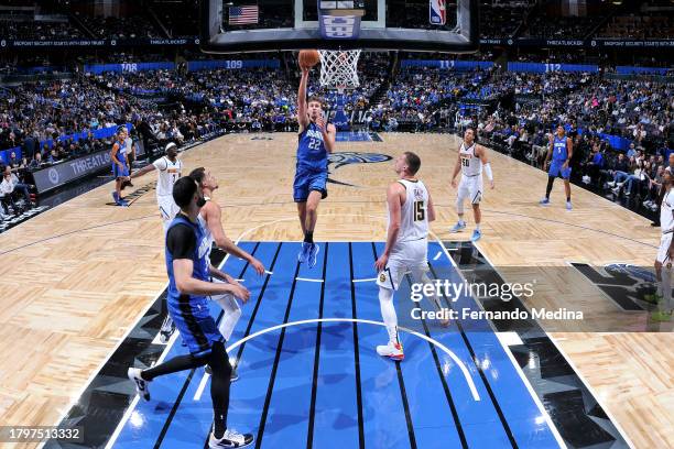 Franz Wagner of the Orlando Magic shoots the ball during the game against the Denver Nuggets on November 22, 2023 at Amway Center in Orlando,...