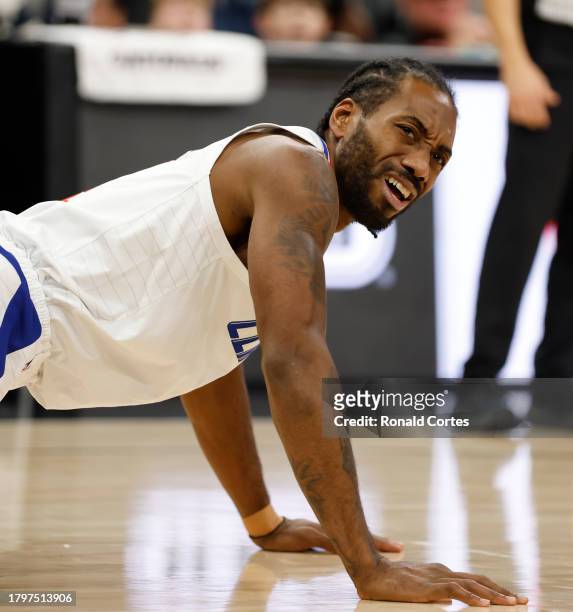 Kawhi Leonard of the Los Angeles Clippers looks for a foul during game against the San Antonio Spurs in the first half at Frost Bank Center on...